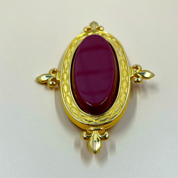Vintage Monet Signed Gold and Burgundy Fleur De Lis Chunky Brooch - Picture 2 of 7